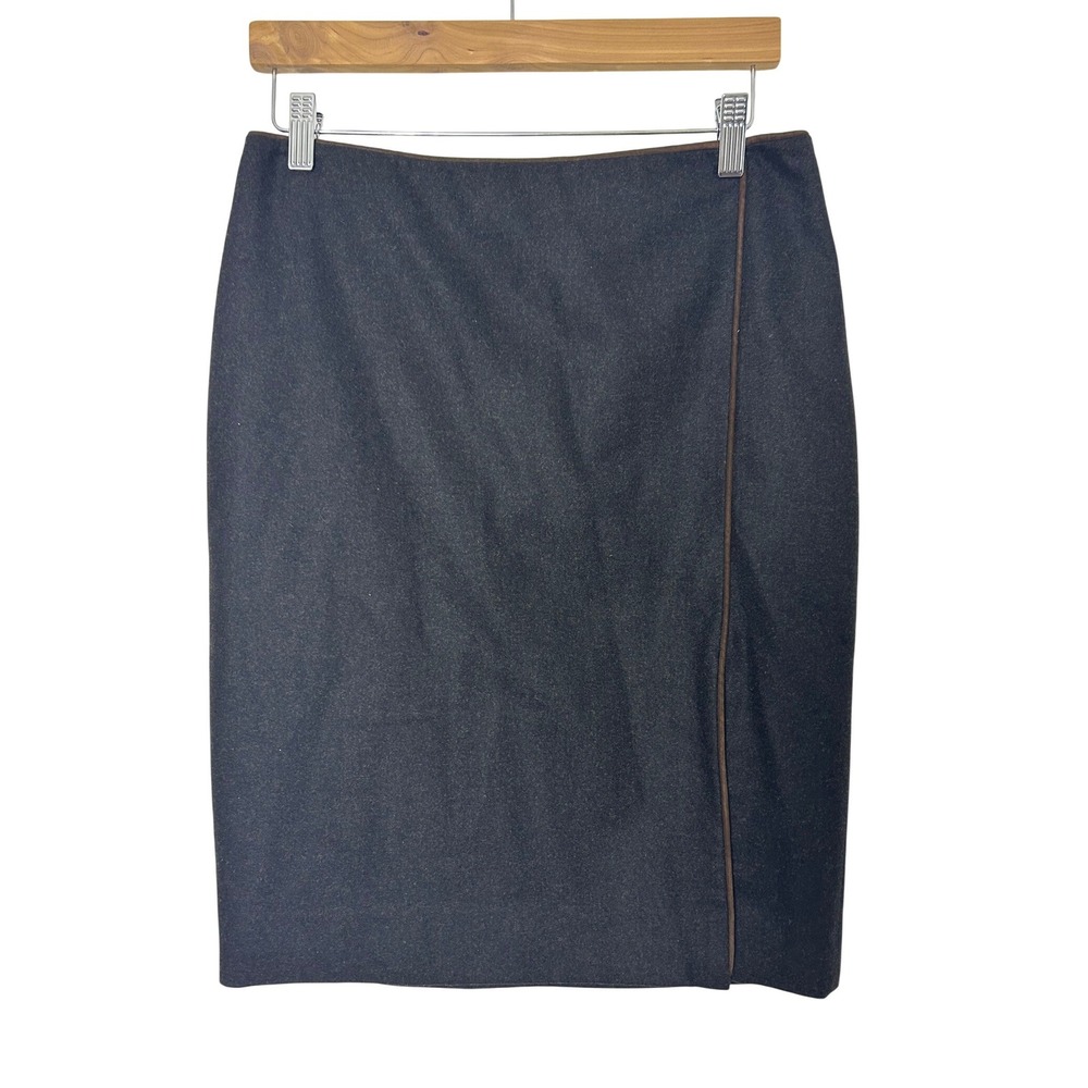 Ralph Lauren Skirt Womens 8 Gray Wool Blend Suede Trim Pencil Old money Classic